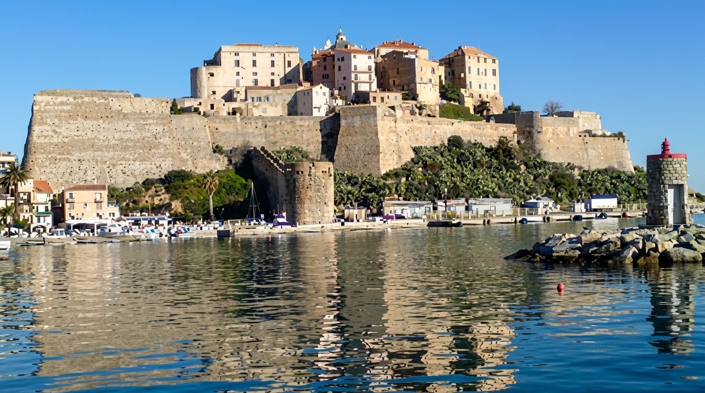 Vue sur la citadelle de Calvi et la baie au coucher du soleil